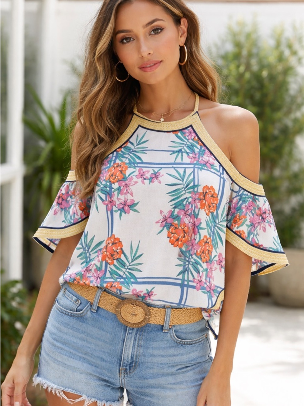 Flying Tomato Tropical Floral Cold Shoulder Halter Top XS White Blue Yellow
